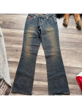 Let Me B Womens Embroidered Flare Jeans Size 9 Blue With Orange Flame Stitching